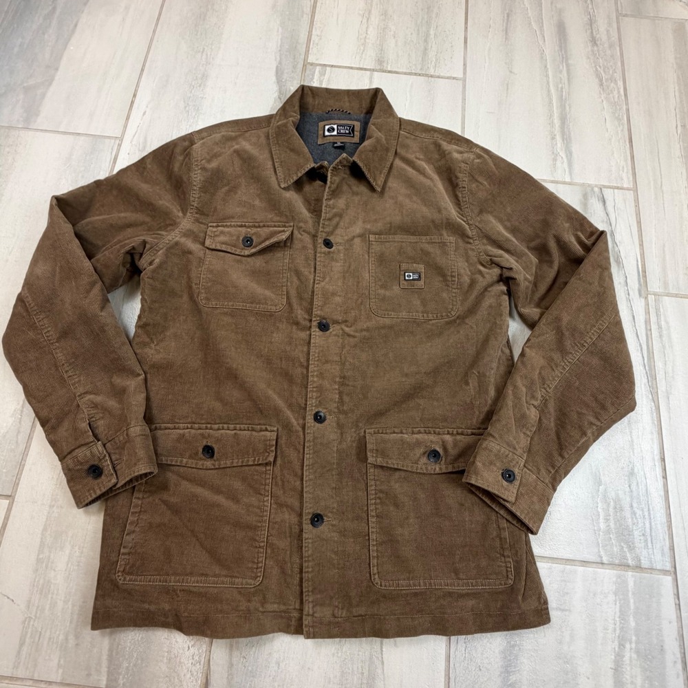 Salty Crew Mens XL Brown Corduroy Field Jacket Chore Coat Button Front 4-Pocket